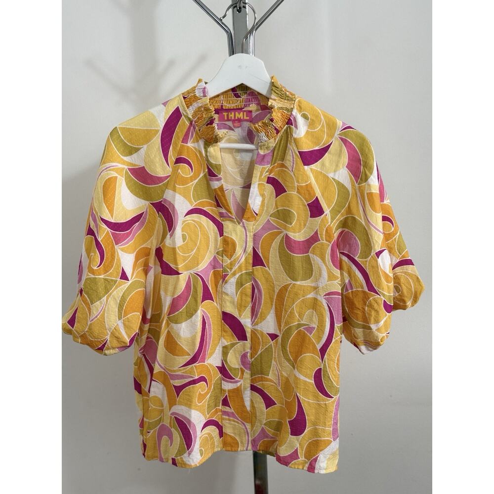 THML Women’s Yellow Pink Abstract Swirl Puff Sleeve V-Neck Blouse Top Size M - Picture 2 of 13